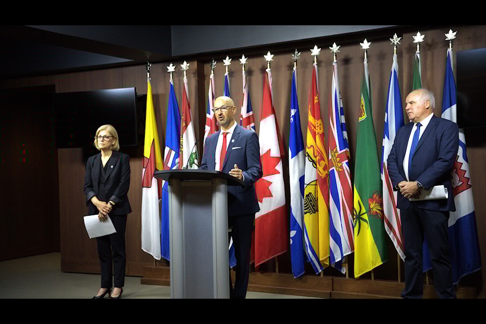 Laurence Applebaum, CEO of Golf Canada addressing the crowd, joined by Jeff Calderwood, CEO of the National Golf Course Owners Association Canada and Chair of NAGA and Louise Parry.