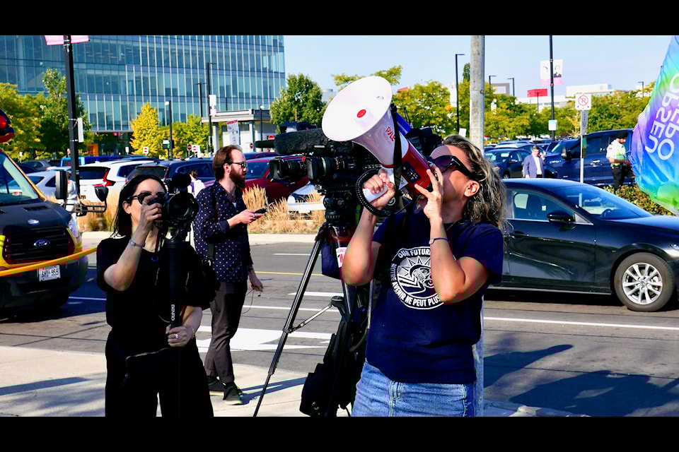 OPSEU full-time support staff worker rallies picketers at Humber Polytechnic North campus on Sept. 11, the first day of their strike.