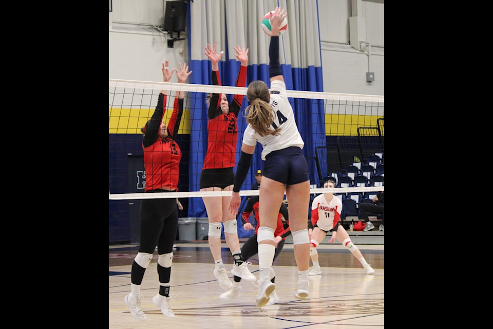 Natalie Little, Niagara women’s volleyball outside hitter, spiking a ball across the net in the OCAA bronze medal game against the Fanshawe Falcons on Feb. 22.